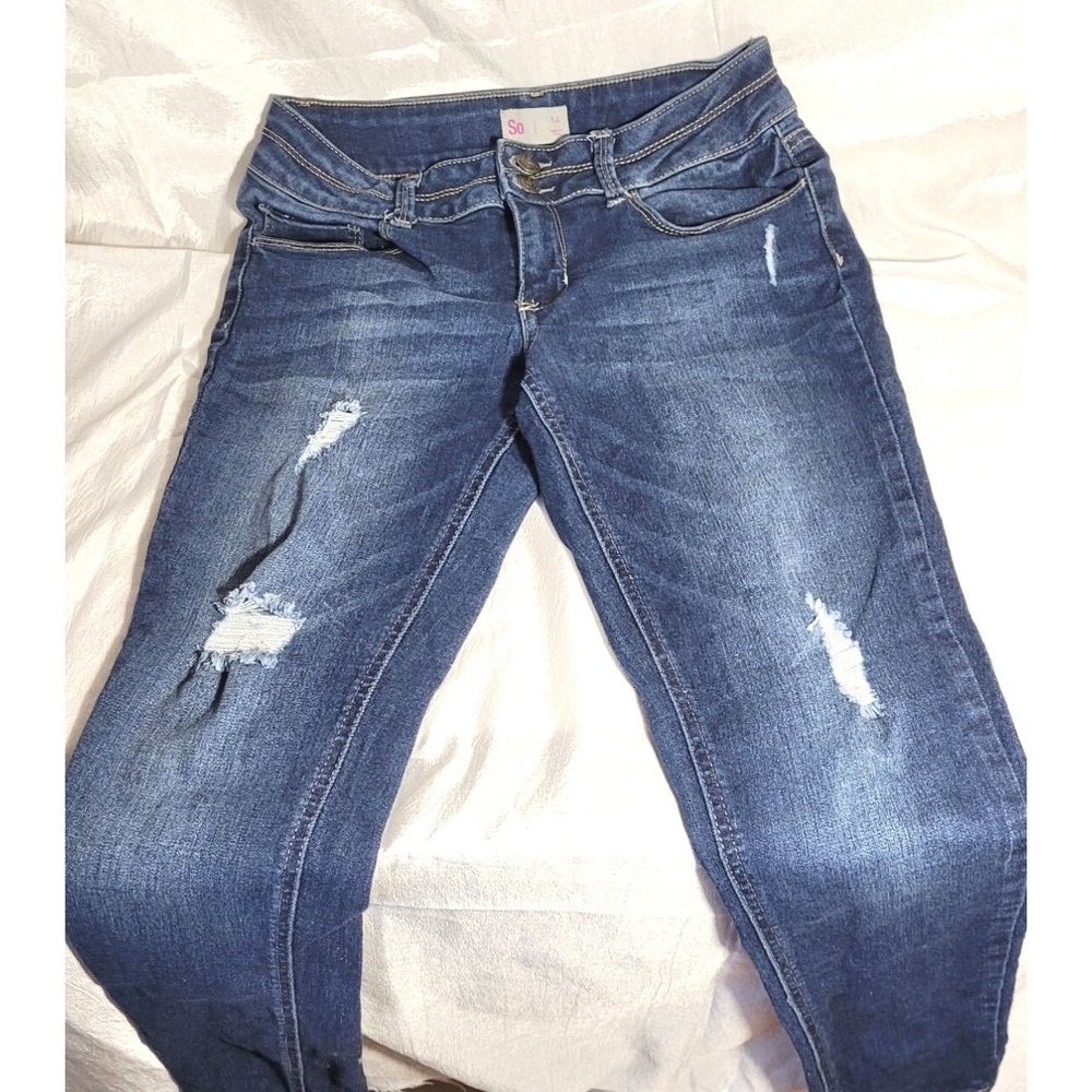Kohl's SO Girl's Distressed Ripped Double Button Zip Fly Blue Jeans - Size 14